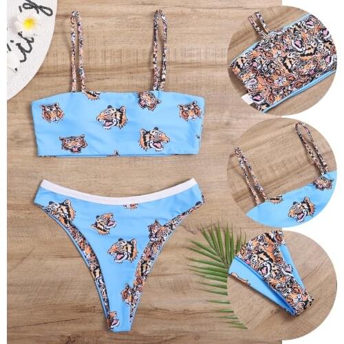 Personalized tiger totem print Suit Women Diamond Decoration Bikini Set Push Up Swimsuit Beachwear Padded Swimwear swim wear F4
