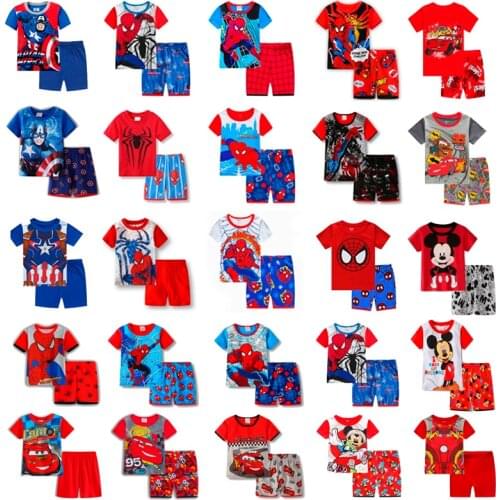 Disney childrens Spiderman boys and girls' clothing baby pajamas Summer Cotton Short Sleeve T-Shirt pajamas suit cartoon childr