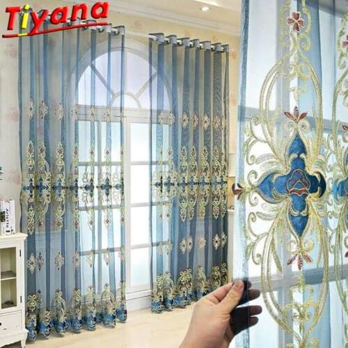 Blue Luxury Embroidered Gauze Curtains for Living Room Light-transmitting French Tulle for bedroom Balcony #VT