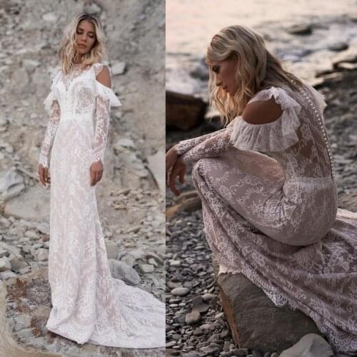 2019 Bohemian Wedding Dresses Jewel Long Sleeves Lace Appliques Bridal Gowns Sweep Train Mermaid Wedding Dress Robe De Mariee