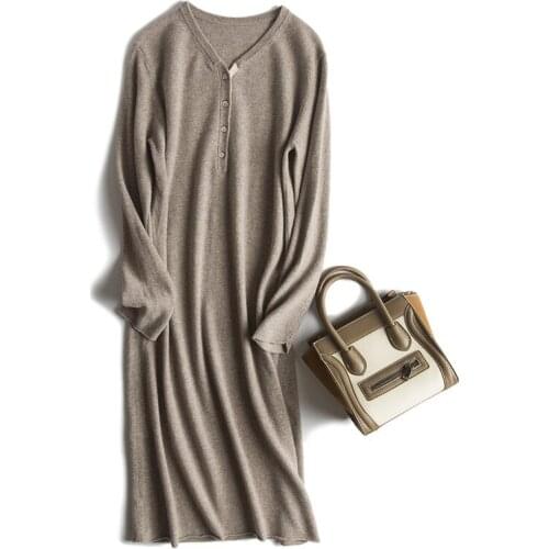 Lambswool cashmere blend knit women fashion long pullover sweater dress buckle Vneck H-straight wide loose one&over size