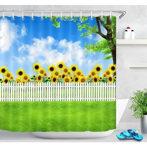Spring Landscape Shower Curtain Durable Fabric Green Grass Fence Sunflower Natural Scenery Bath Curtain For Bathroom Waterproof