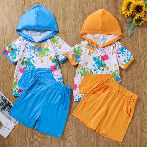 #VW Kids Children Boys Floral Sets Sport Colors Print Soft Hoodie Short Sleeve Tops Solid Shorts 2PCS Set Summer Casual Sets
