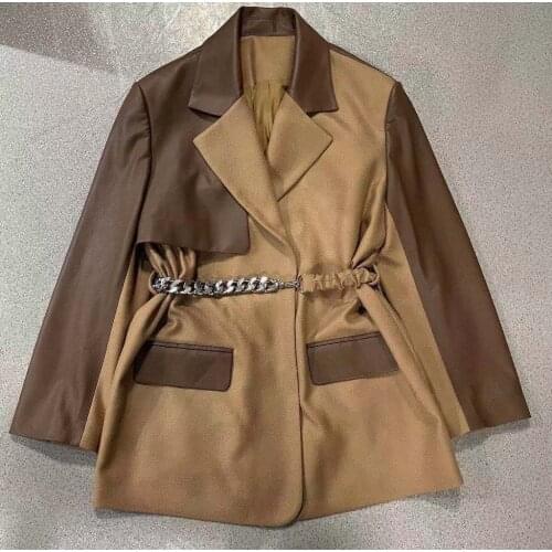 Vintage Leather Jacket Autumn Winter 2021 Women Patchwork Outwear Womens Luxury Chain Long Sleeves Jackets Coat