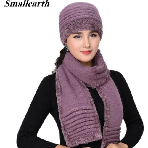 Women Winter Hat And Scarf Set Warm Cashmere Knitted Hat Scarf For Girls Mom High Quality Rabbit Fur Hats Lady Beanies Cap Shawl