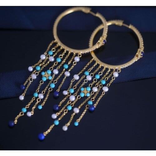 SLJELY Fashion S925 Sterling Silver Roma Blue Stones Tassel Chain Drop Large Hoop Earrings July New Women Fine Brand Jewelry