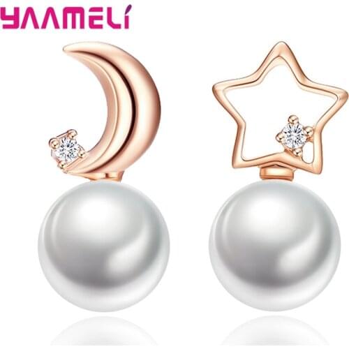 925 Sterling Silver New Woman Fashion Jewelry High Quality Crystal Zircon Simple Retro Star Moon Pearl Earrings Korean Style