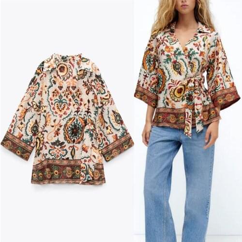ZA 2021 Woman Print Kaftan Belted Blouse Vintage Long Sleeve Wrap Blouses Fashion Side Bow Tied Female Elegant Loose Flower Tops