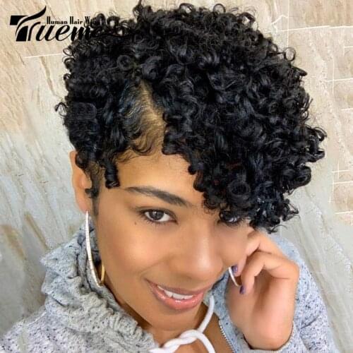 Trueme Curly Lace Part Wig Colored Short Curly Human Hair Wigs For Black Women Ombre Blond Brown Jerry Curl L Part Lace Wig
