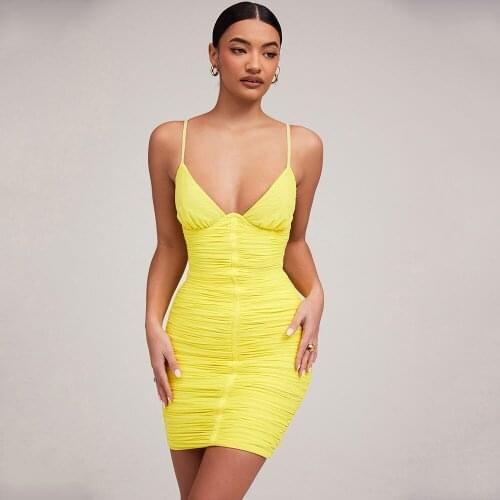 Sexy Thin Straps V-neck Women Bandage Dress Sleeveless Folds Bodycon Yellow Mini Nightclub Party Dress 2021 Summer New Style