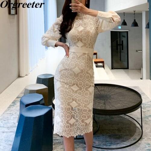 Summer Fall Fashion Lace Dress 2020 Office lady Eelgant Long Sleeve Geometric patterns Hollow out Bodycon Slim Lace Dress