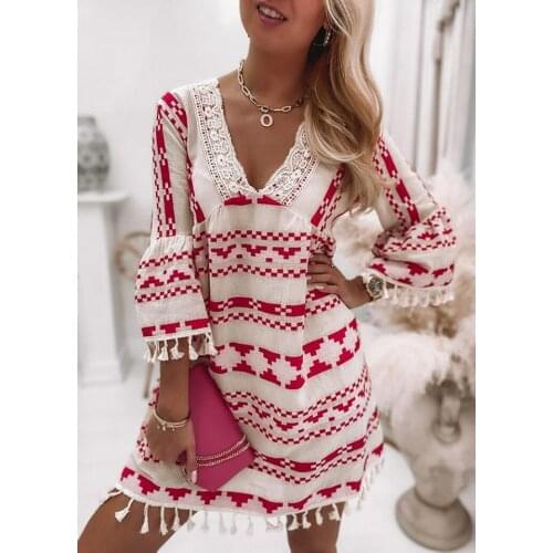 Womens Summer V-neck Sexy Dress Geometric Print Flared Sleeve Lace Dress Holiday Party Cool Soft Breathable Beach Dress