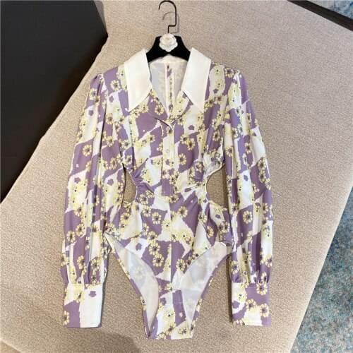 Sexy Long Sleeve Lapel Bodysuit Women 2021 Spring Summer Holiday Street Print Off Waist Outfit Ladys Jumpsuit