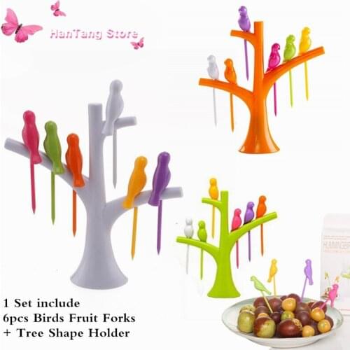 1Set Trees 6 forks bird tree Fruit Fork Creative Fruit Fork Toothpick Holder For Party Home Decor Hall Fork Kitchen Accessories