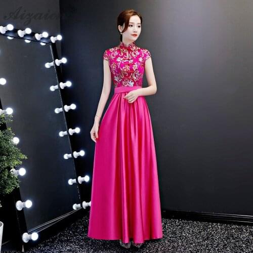 2019 Rose Red Evening Dresses Qi Pao Women Traditional Chinese Wedding Dress Cheongsam Modern Host Vintage Gown Qipao Promotion