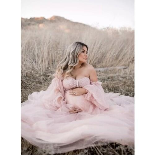 CloverBridal Soft Tulle Off Shoulder Pink Bohemian Maternity Dress Boho Maternity Gown For Elopement Wedding Photo WW8400