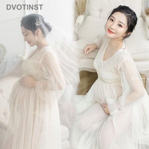 Dvotinst Women Photography Props Lace Perspective Elegant Maternity Dresses V-Neck Pregnancy Dress Studio Shoots Photo Props