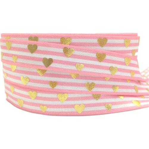 5Yards 16mm Pink Stripe Heart Gold Print Fold over elastic Wedding decoration Elastic Ribbon DIY Hair bands