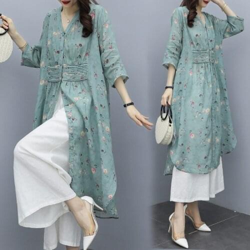 Spring Summer 2021 Women Fashion Sets Korean Floral Cotton And Linen Retro Long Shirt Jacket + Solid Wide Leg Pants Suit zh996