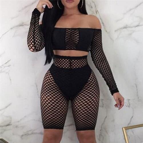 Summer Bikini Cover-ups Women Ladies Lace Crochet Swimsuit Cover Up Swimwear 2Pcs Mesh Fishnet Top+Shorts Beachwear