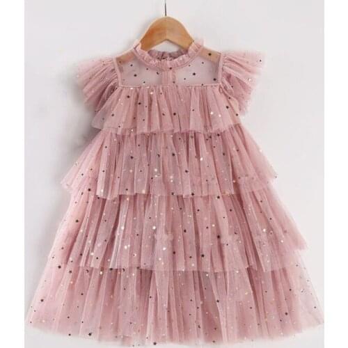 Fashion Girls Summer Dresses Flared Sleeve Lace Sequined Cake Clothes 3-8 Year Kids Casual Clothing Sweet Children Party Wear
