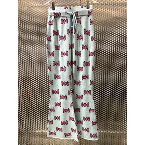 Autumn Winter Bow 11.25 Jacquard Thicken Vintage Knit Boot Cut Women Fashion Loose Casual Straight Pants