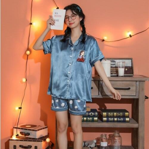 5XL Large Size Pajamas Set Silk Like Sleepwear for women Satin Short Sleeve Casual Two Piec Nightwear Comportable Loungwear
