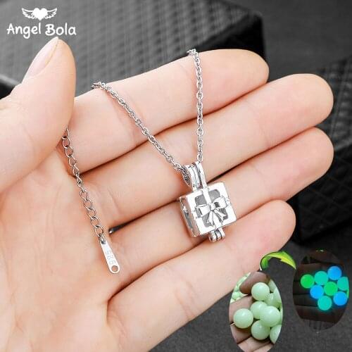 Gift Box Pendant Hollow Luminous Stone Pendant Mothers Day Gifts Moon Glowing Necklace Gem Charm Jewelry Stainless Steel Women