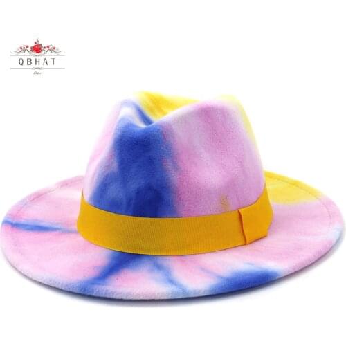QBHAT Fashion Flat Brim Jazz Felt Hat New Arrival Trendy Lady Colorful Tie Dye Panama Faux Wool Fedora Hat Cap with Yellow Band
