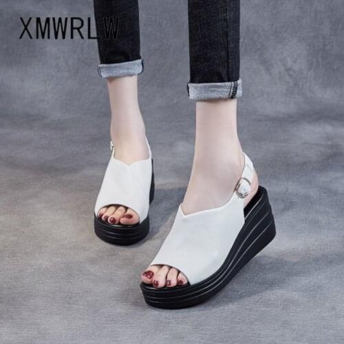 XMWRLW Genuine Leather Sandals For Women Summer Shoes Solid Color Wedges Shoes Women Summer Sandals Ladies High Heels Shoe