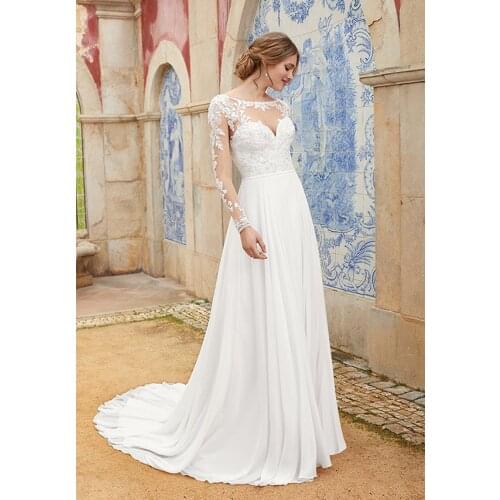 Wedding Dress A-Line Boat Neck Neckline Full Sleeves Lace Appliques Floor-Length With For Party Plus Size Bride Gown