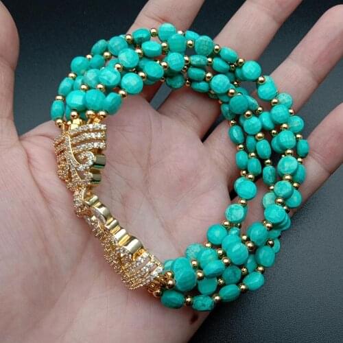Y·YING 6 Rows Faceted Coin Shape Green Turquoise Bracelet Cubic Zirconia Pave Clasp 8.5" ethnic style for women