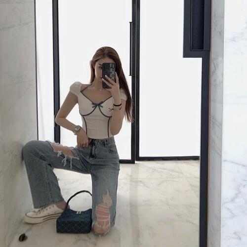 Wenfly Women White V-Neck Bow Puff Sleeve Lace-up T-shirt Short Sleeve Sweet 2021 Summer Open Navel Waist Tops Femme