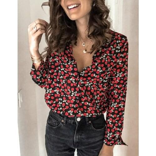 Womens Fashion Long Sleeve Tunic Pullover Casual Shirts Plus Size V Neck Blouse Printed Shirt