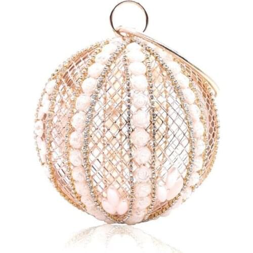 Hollow Metal Round ball Clutches womens Evening bag Luxury Wedding Party gold Cages Purse handbag mini pearl shoulder bag B386