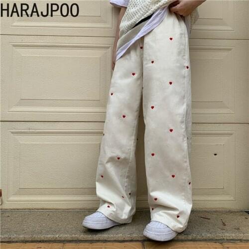 Harajpoo Women Pant 2021 Spring Autumn Korean INS Trendy Girl Harajuku Style Vintage Super Fire Red Love Embroidered Casual Jean