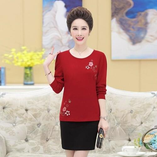 Flower Printed Women Long Sleeves T-Shirts Spring Fall Bottoming Pullovers 2021 New Plus Size Middle Age Mother Tops Tee