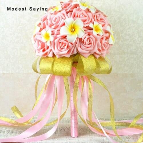 Gold and Pink Artificial flowers Pearls Wedding Bouquets 2017 Plastic Roses Romantic Wedding Brooch Bouquets Wedding Accessies
