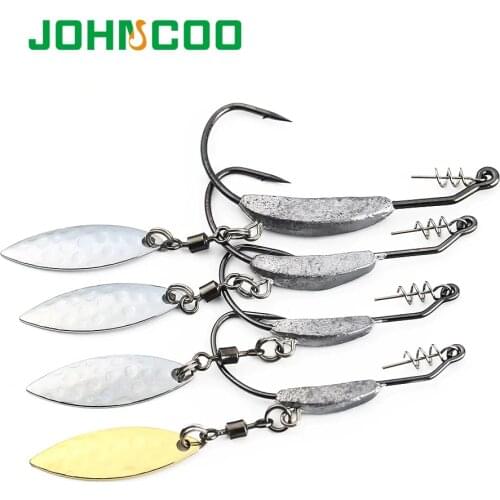 JOHNCOO 4pcs Offset Fishing Hooks Lead Weighted Crank Hook with Spoon Soft Baits Hook Add Lead Weight Worm Hook
