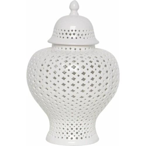 CHINESE STYLE WHITE HOLLOW OUT CERAMICS MILITARY ALTAR ABSTRACTION PORCELAIN COVER BAND STORAGE POT DESKTOP DECORATION JAR