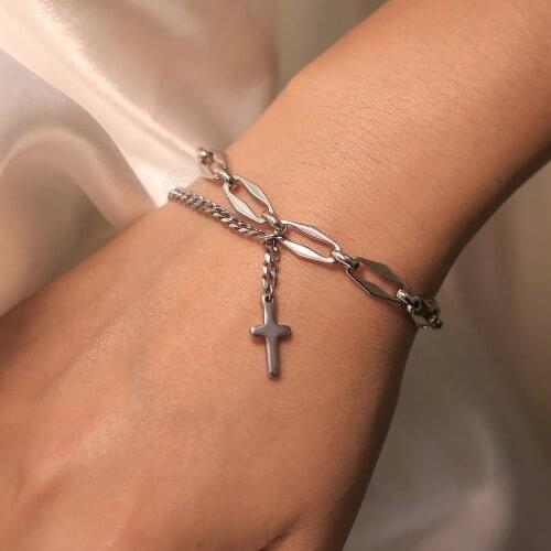 Stainless Steel Cross Bracelets For Men Women Cuban Rhombus Link Chain Prayer Crucifix Charm Religion Jewelry Wholesale LDB329