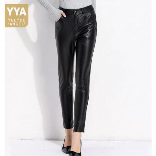 Brand 100% Real Leather Pants Women Spring Autumn Sheepskin Casual Pencil Pants Female Slim High Waist Straight Trousers M-3XL