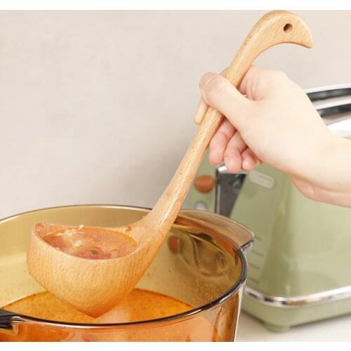 1pc Wooden Long Spoons Creative Handle Can Stand Up Soup Cooking Mixing Spoons Household Round Porridge Spoon Rice Spoon