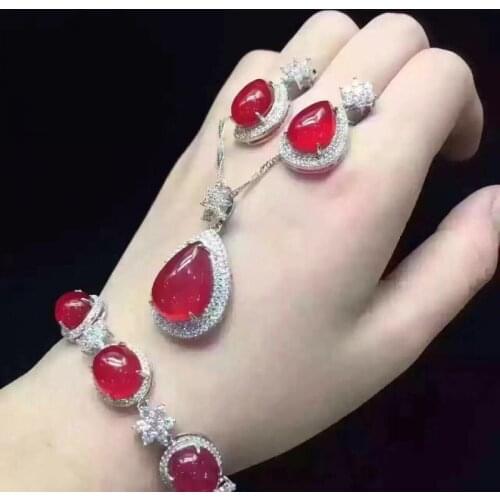 Chalcedony pendant necklace bracelet earrings yellow green red pink three-piece s925 silver mosaic send mother color beauty