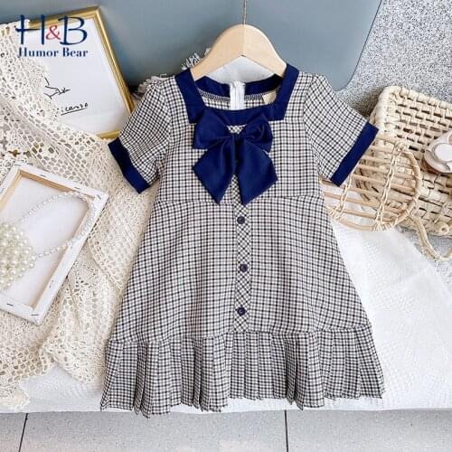 Humor Bear Girls Dress New summer Short Sleeve Plaid Printed Bow Princess Dress Toddler Kids Clothes