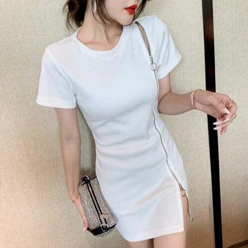 Summer new fashion O collar zipper Slim short Sleeve Tee dress Two ways to wear Women Fashion Casual Woman T Shirts 2021