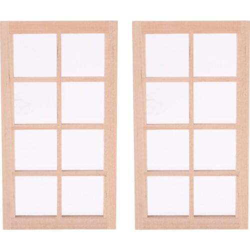 2pcs 1/12 Scale Dollhouse Miniature Unpainted Wooden 8-Pane Door Window Frame Furniture DIY Accessories