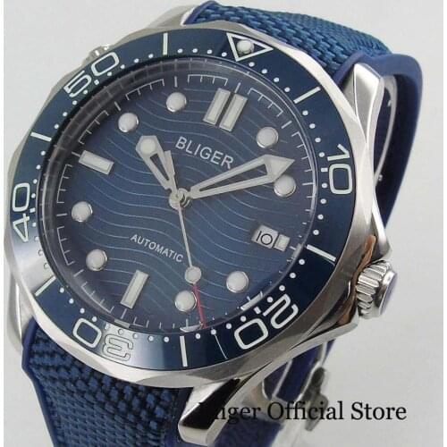 TOP Brand Blue 41mm Automatic Mens Watch With Wave Pattern Wristwatch Rubber Strap