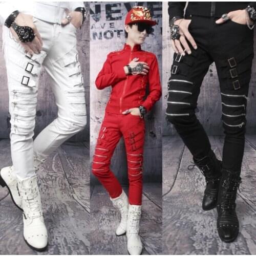 Autumn casual zipper personality fashion harem pants mens trousers pantalones hombre stage feet pants for men pantalon homme red