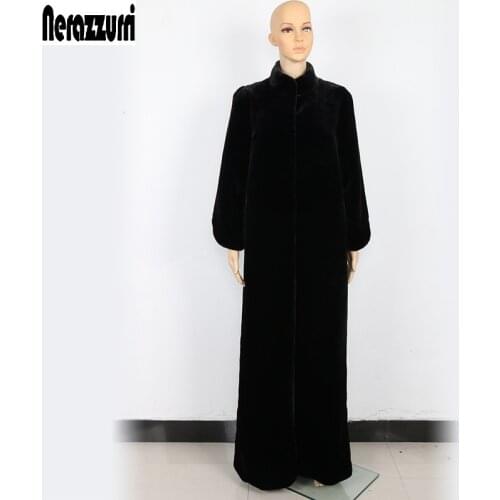 Nerazzurri Floor length faux fur coat women black extra long plus size warm outerwear winter furry fake fur overcoat 5xl 6xl 7xl